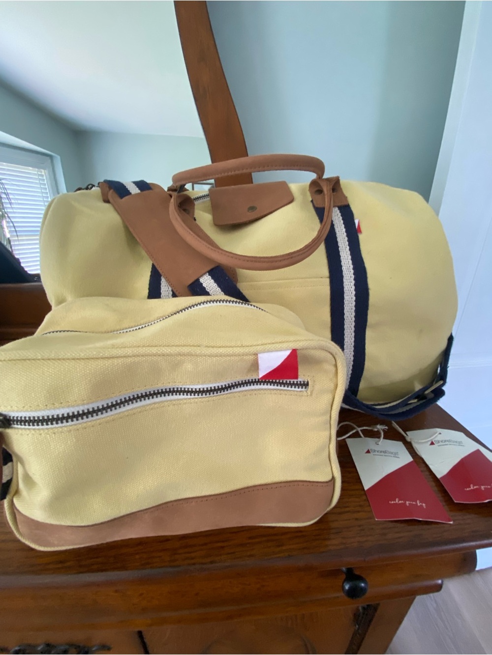 Womens Shore Bag Yellow Canvas Weekender Bag with Leather Trim and matching Dopp